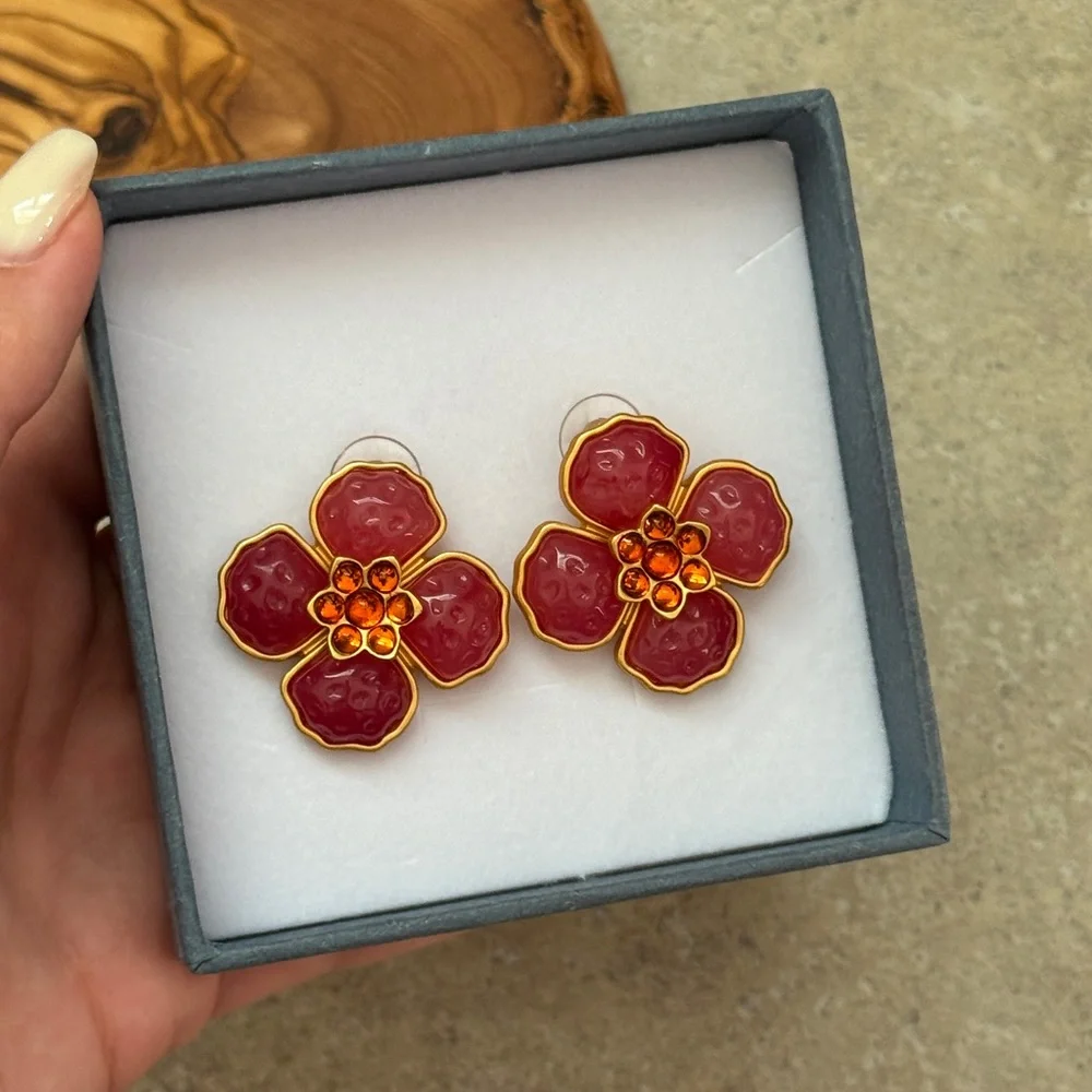 💖4/$30 Elegant Floral Red and Gold Earrings - Picture 7 of 7